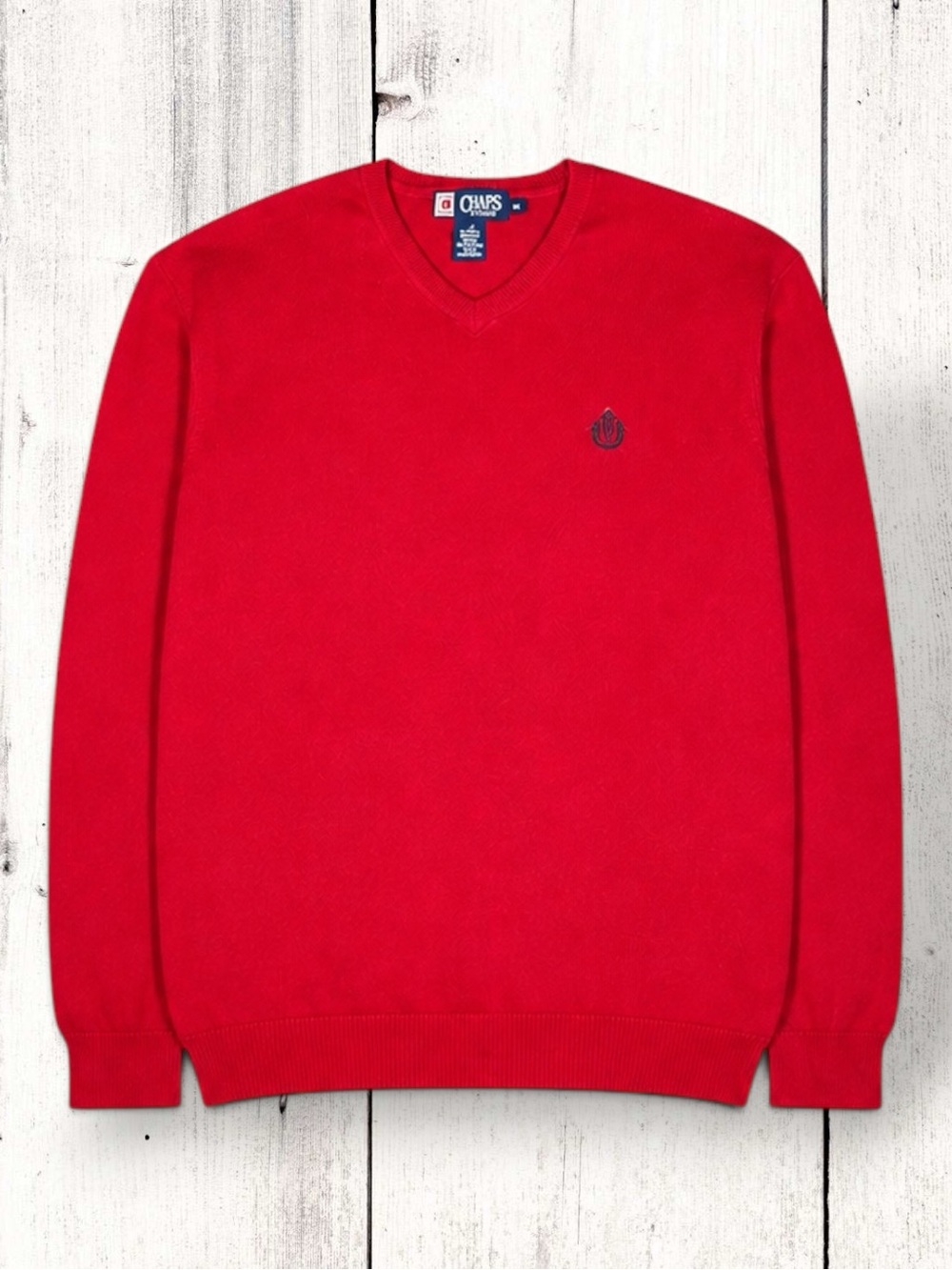 Vintage Chaps Sweater Red V-Neck Embroidered Crest 100% Cotton Classic Preppy M